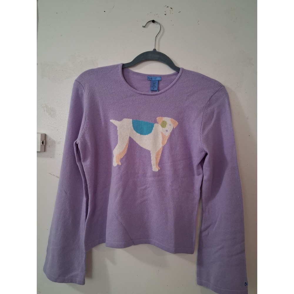 Ollie Five Five Womens Purple 100% Cashmere Dog Intarsia Crewneck Sweater Small